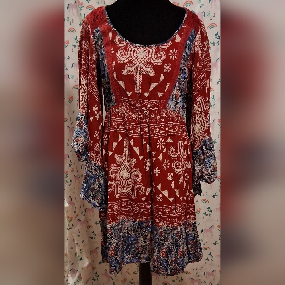 NWOT Flying Tomato Red & Blue Boho Peasant Casual Bell Sleeve Midi Dress SZ L
